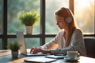 Jeune femme au bureau écoute un fichier audio avec un laptop