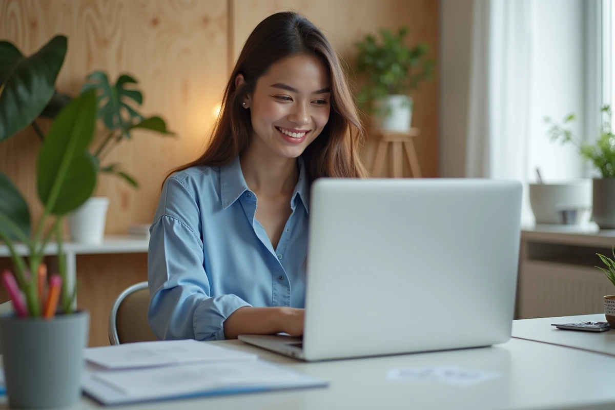 Jeune femme au bureau tapant sur un ordinateur portable