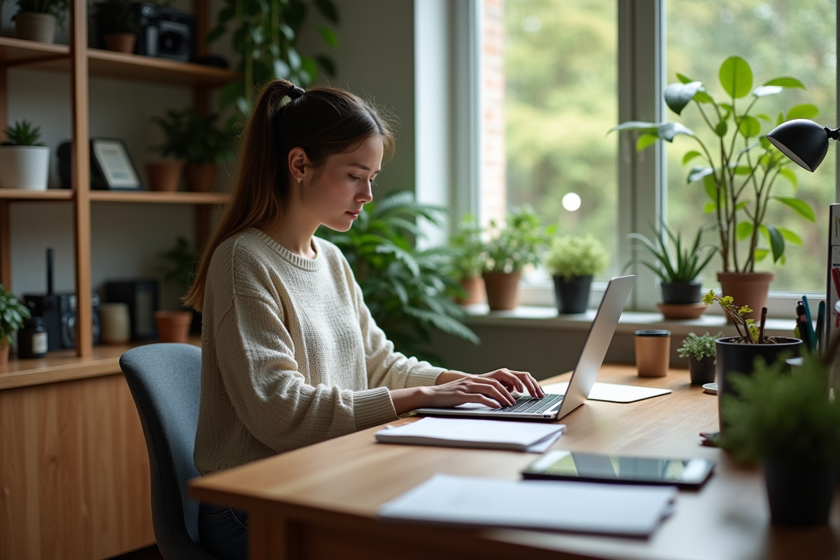 Jeune femme programmeuse tapant sur un ordinateur portable dans un espace cosy