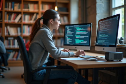 Jeune femme étudie la cybersécurité dans une bibliothèque universitaire
