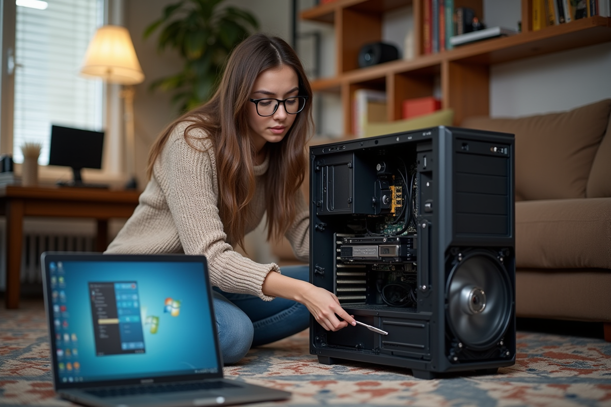 Jeune femme inspectant un disque dur dans un salon cosy