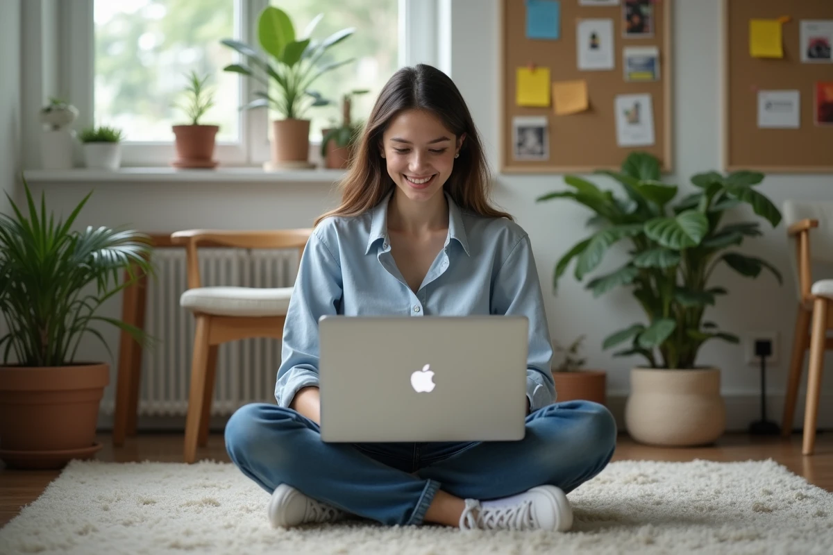 Jeune femme souriante utilisant un logiciel ancien sur son laptop