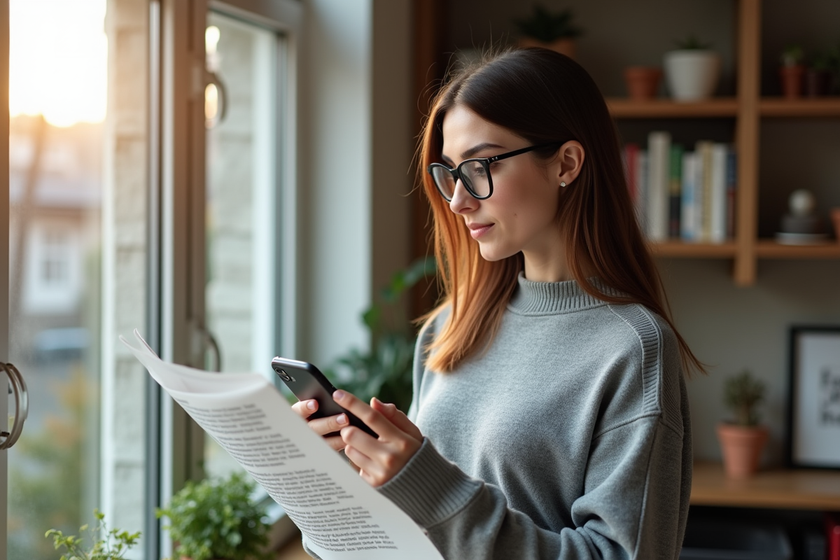 Jeune femme scannant une page de magazine avec son smartphone