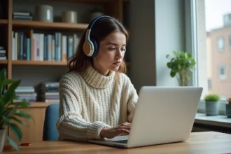 Jeune femme concentrée avec casque audio et ordinateur à la maison
