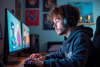 Jeune homme concentré devant son ordinateur gaming dans sa chambre