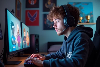 Jeune homme concentré devant son ordinateur gaming dans sa chambre