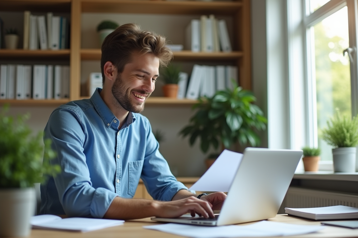 Jeune homme convertissant un document en PDF dans un bureau lumineux