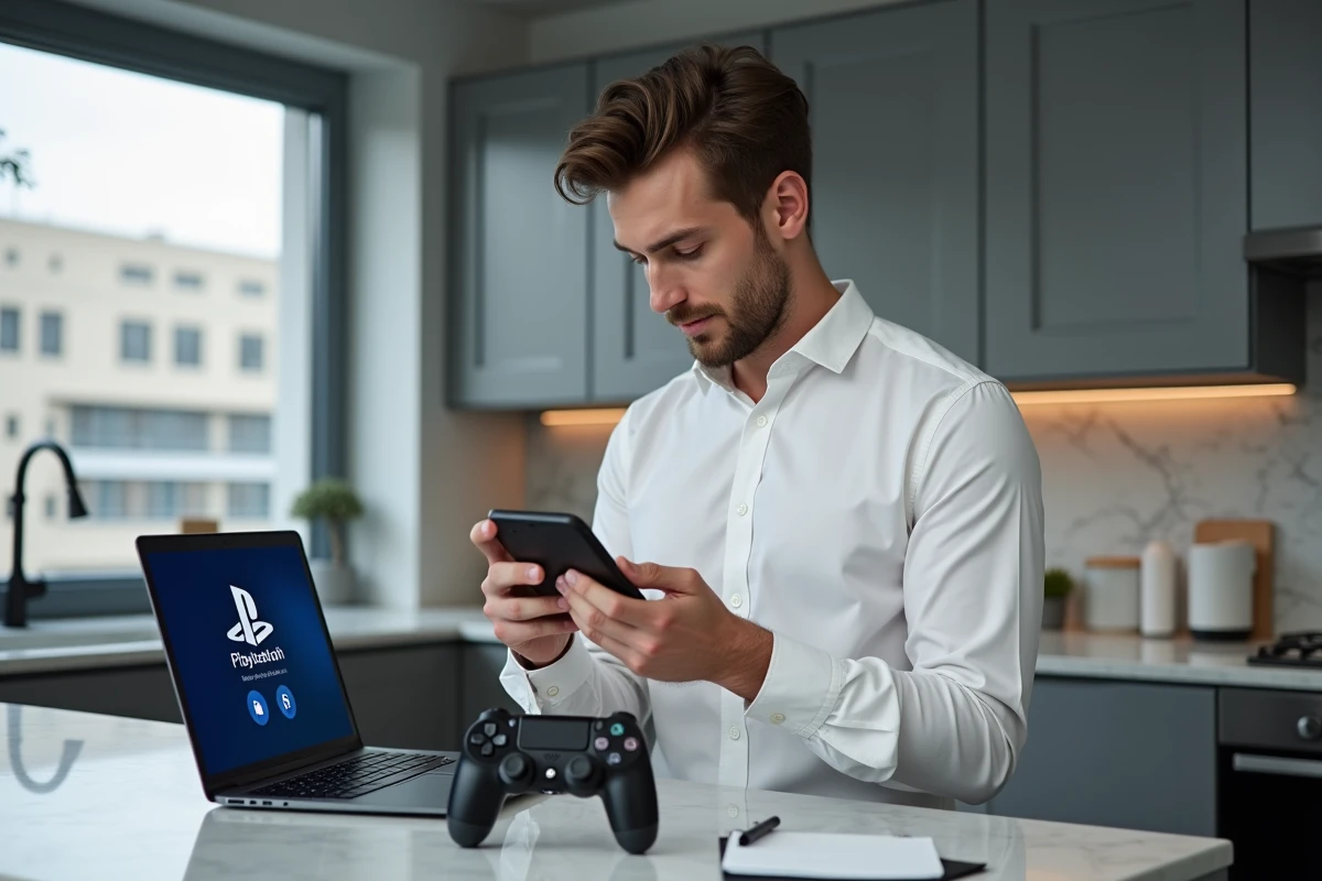 Jeune homme consultant la page d'assistance PlayStation sur son ordinateur portable avant d'appeler le numéro de service client Sony