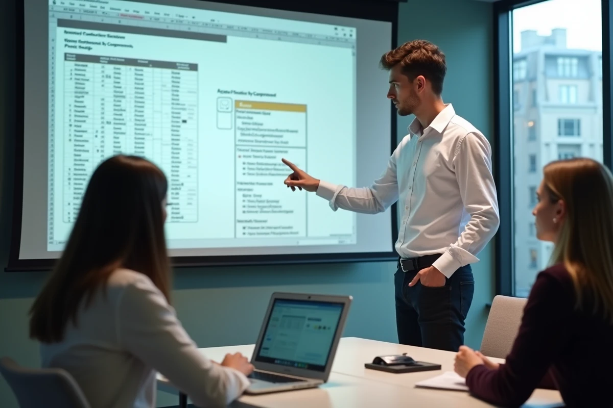 Jeune homme montrant une commande Excel à ses collègues