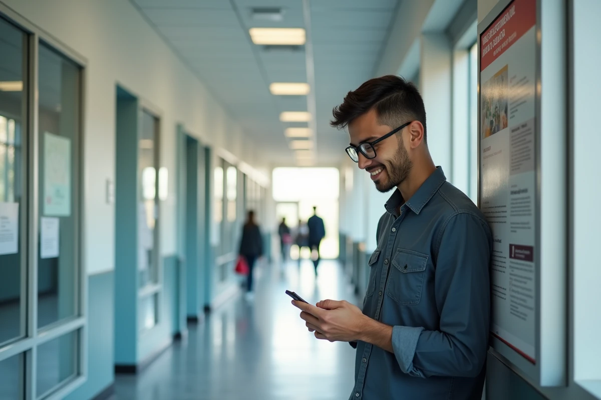 Jeune homme regardant son smartphone dans un hall universitaire