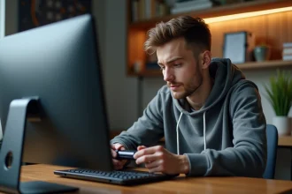 Jeune homme connecté à un contrôleur dans un bureau moderne