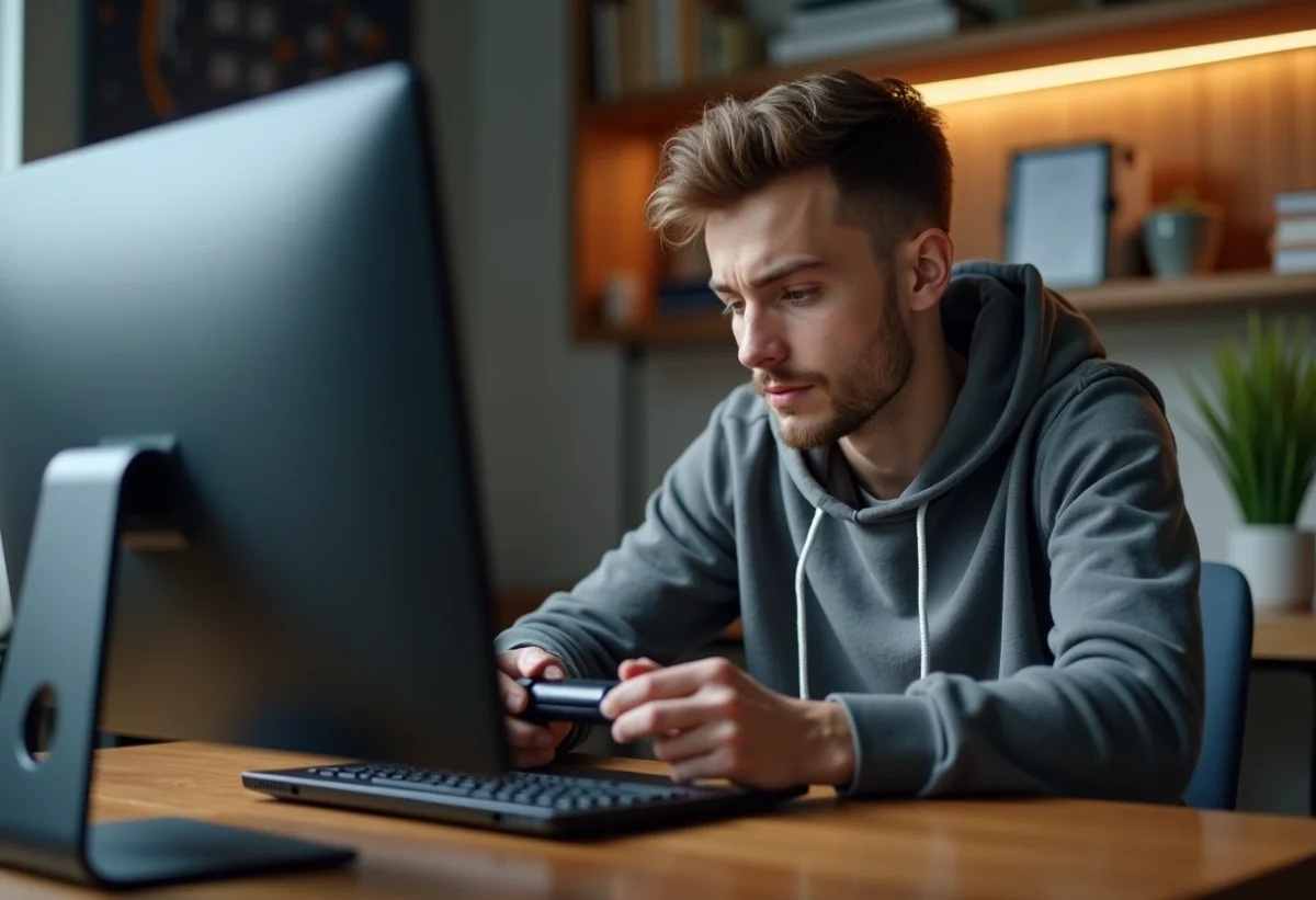 Jeune homme connecté à un contrôleur dans un bureau moderne