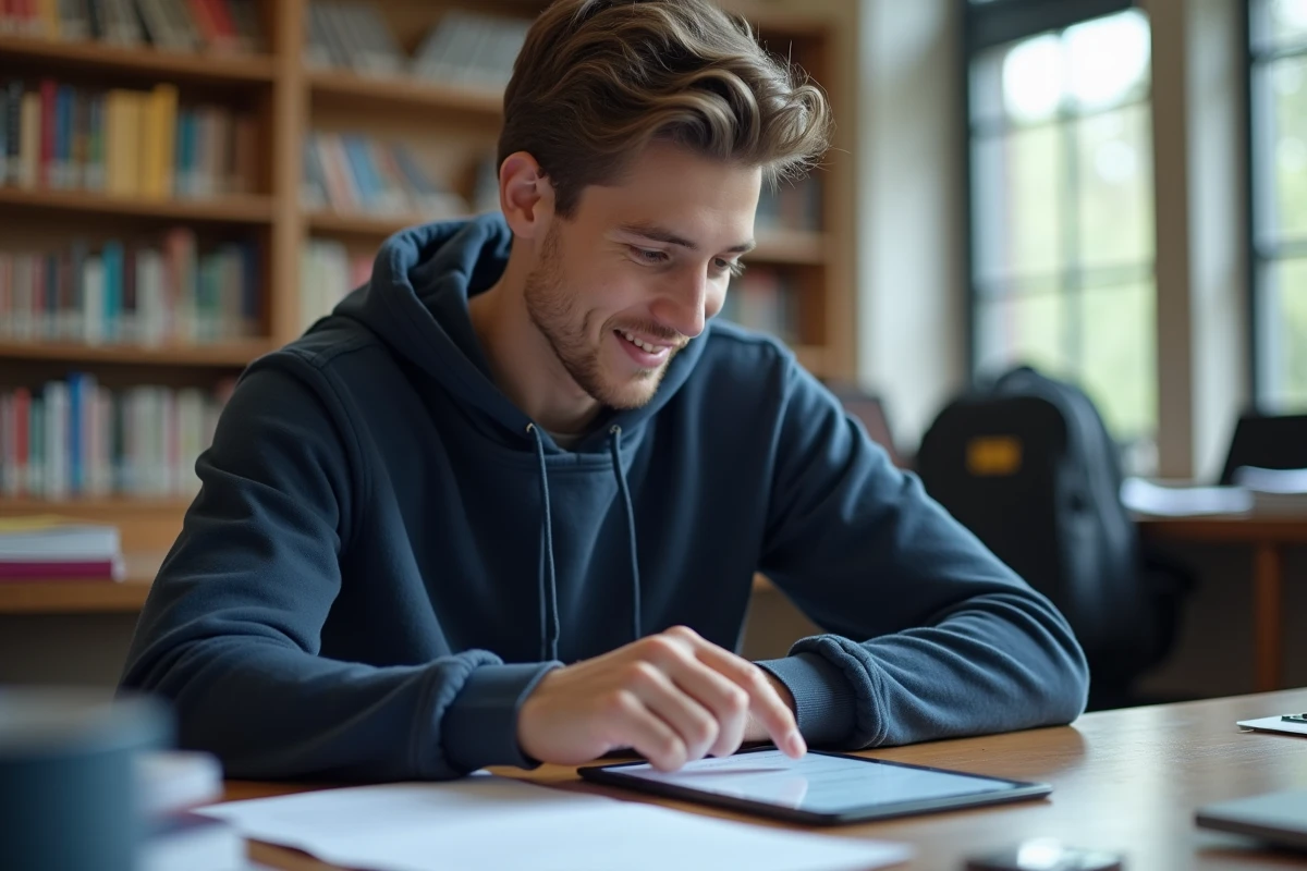 Jeune homme utilisant une tablette dans une bibliothèque universitaire