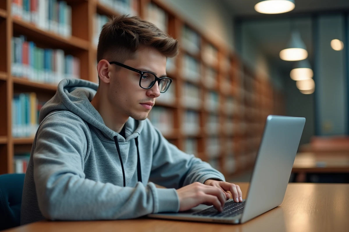 Jeune homme lisant sur son ordinateur à la bibliothèque