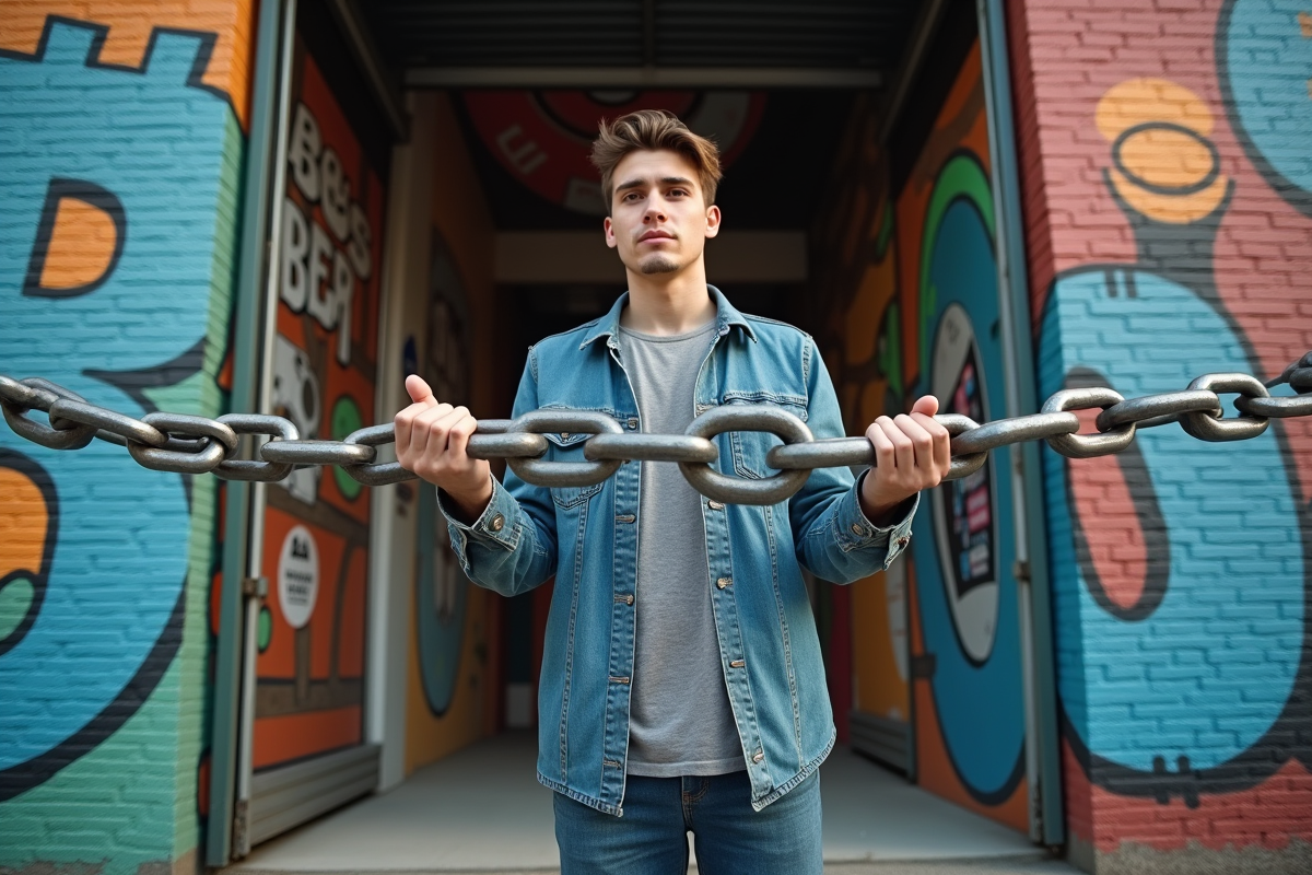 Jeune homme tenant une chaîne en ville devant un mural blockchain