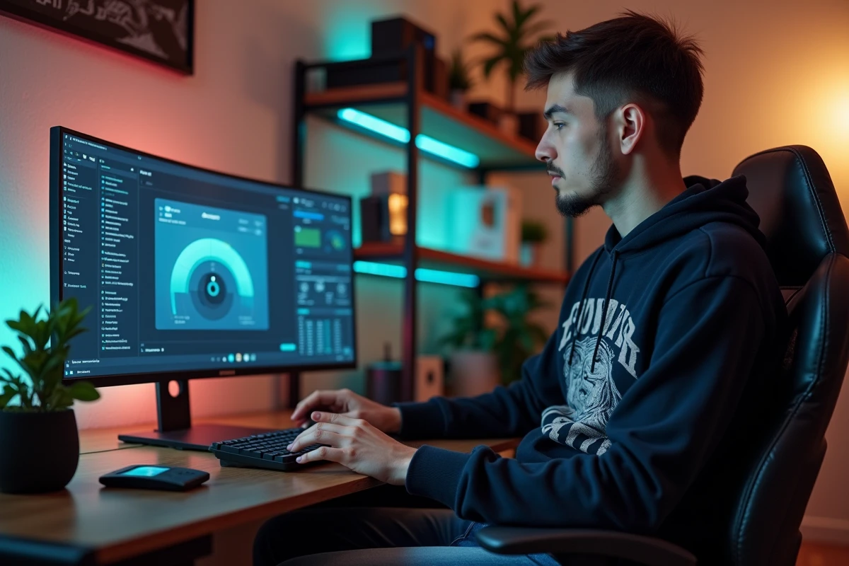 Jeune homme vérifiant la consommation d énergie sur son PC gaming