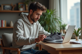 Jeune homme avec sneakers et ordinateur dans un salon