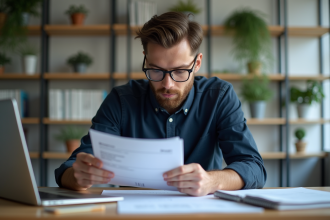 Jeune homme en bureau avec documents et ordinateur