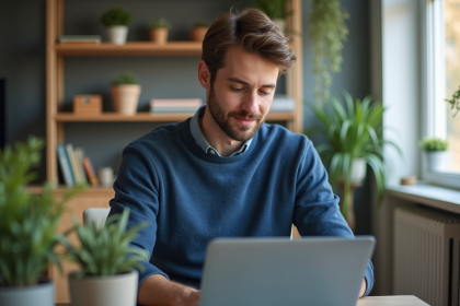 Jeune homme concentré travaillant sur un ordinateur portable à la maison