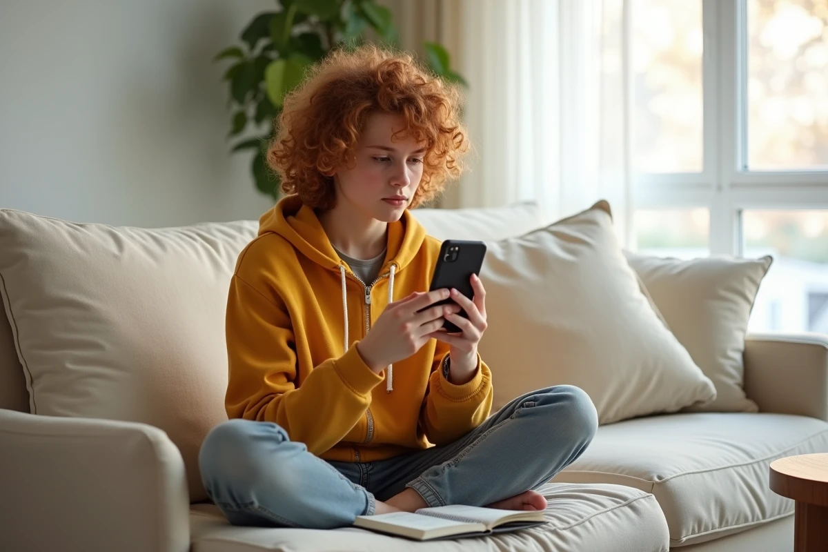 Jeune personne consultant Google USA sur smartphone dans un salon minimaliste en prenant des notes pour une recherche neutre