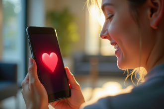 Jeune souriant avec smartphone affichant un emoji cœur sur Snapchat