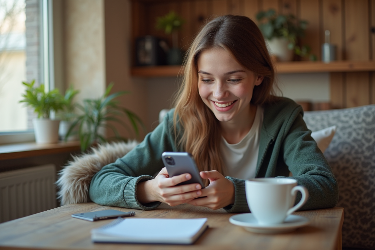 Jeune utilisant un smartphone pour discuter avec un chatbot à la maison