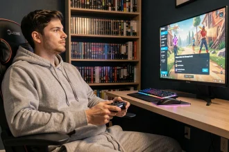 Joueur en train de parcourir les jeux gratuits du mois sur son abonnement gaming depuis son fauteuil de jeu à domicile