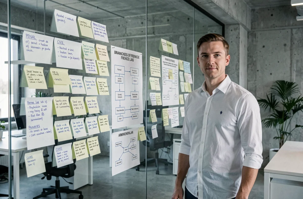 Juriste debout devant un mur de notes comparant les branches du droit pénal civil et administratif dans un bureau de legal tech