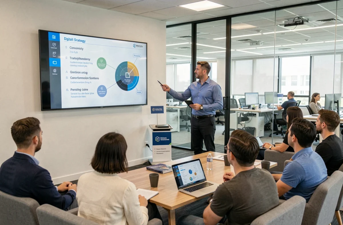 Consultant Keyrus présentant une stratégie de cybersécurité et transformation numérique dans une salle de formation moderne
