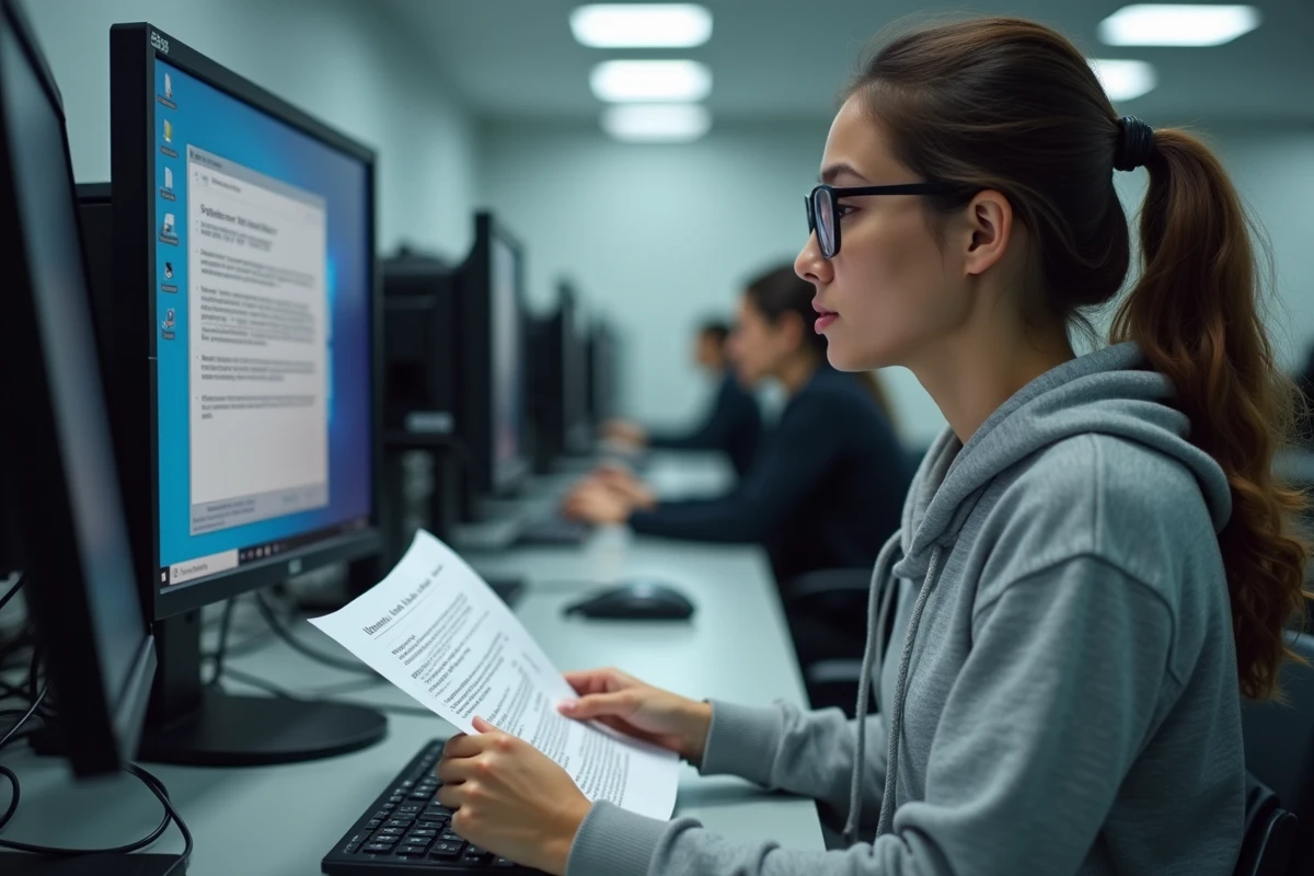 Étudiante lisant un contrat de licence logicielle Windows sur un ordinateur en salle informatique