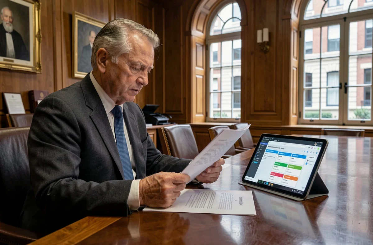 Magistrat examinant un outil d'intelligence artificielle juridique sur tablette dans une salle de réunion d'un tribunal
