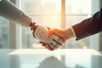 Main humaine et robot se serrant la main symbolisant la cooperation