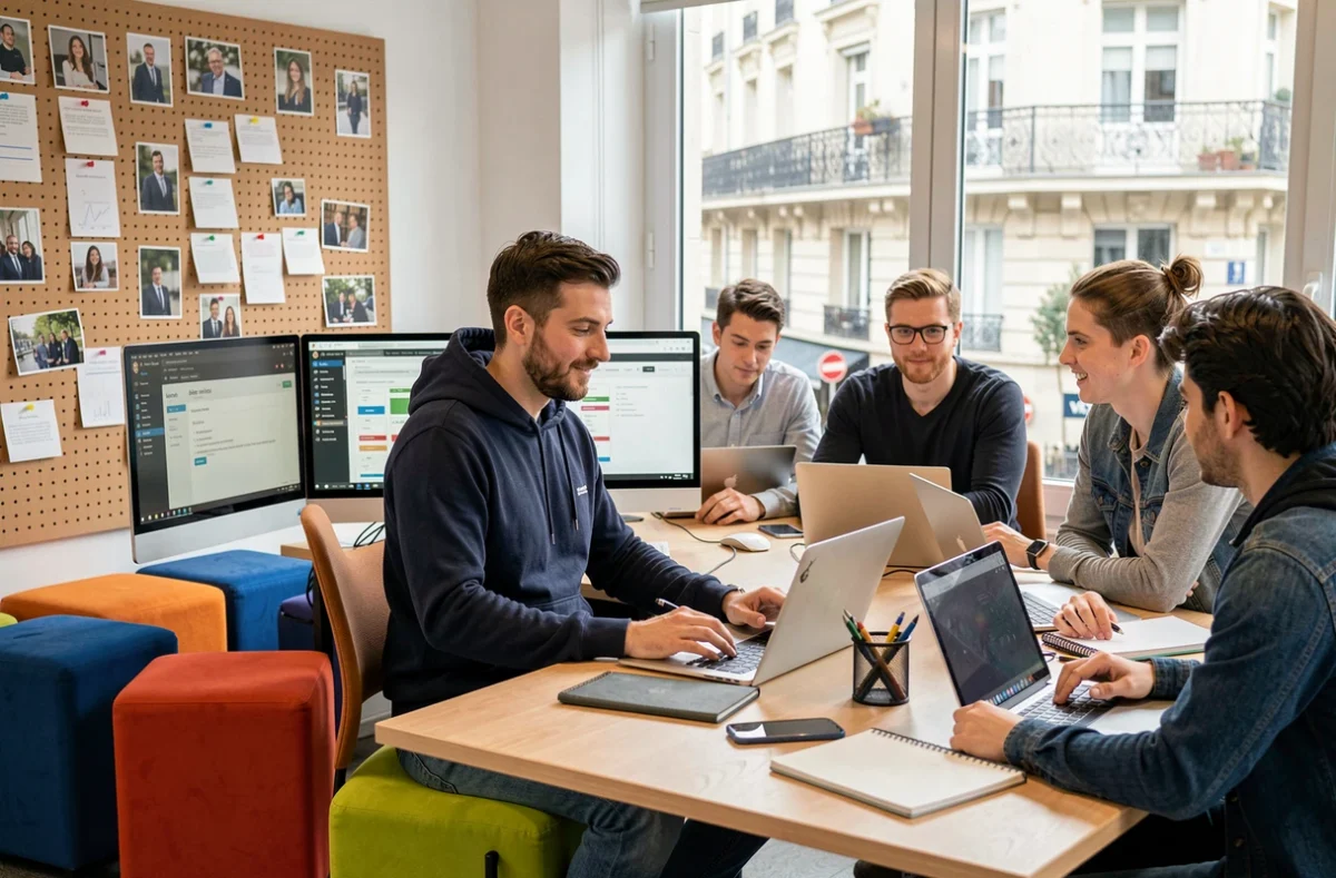 Développeur de l'agence Mayasquad collaborant avec son équipe sur des wireframes d'application mobile dans un open space coloré