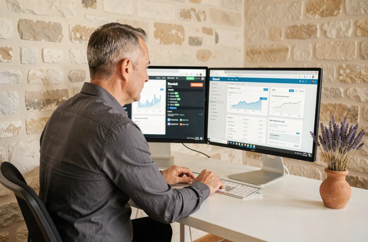 Consultant web de Net Stratégie à Aix-en-Provence analysant un audit de performance WordPress sur double écran dans un bureau au style provençal