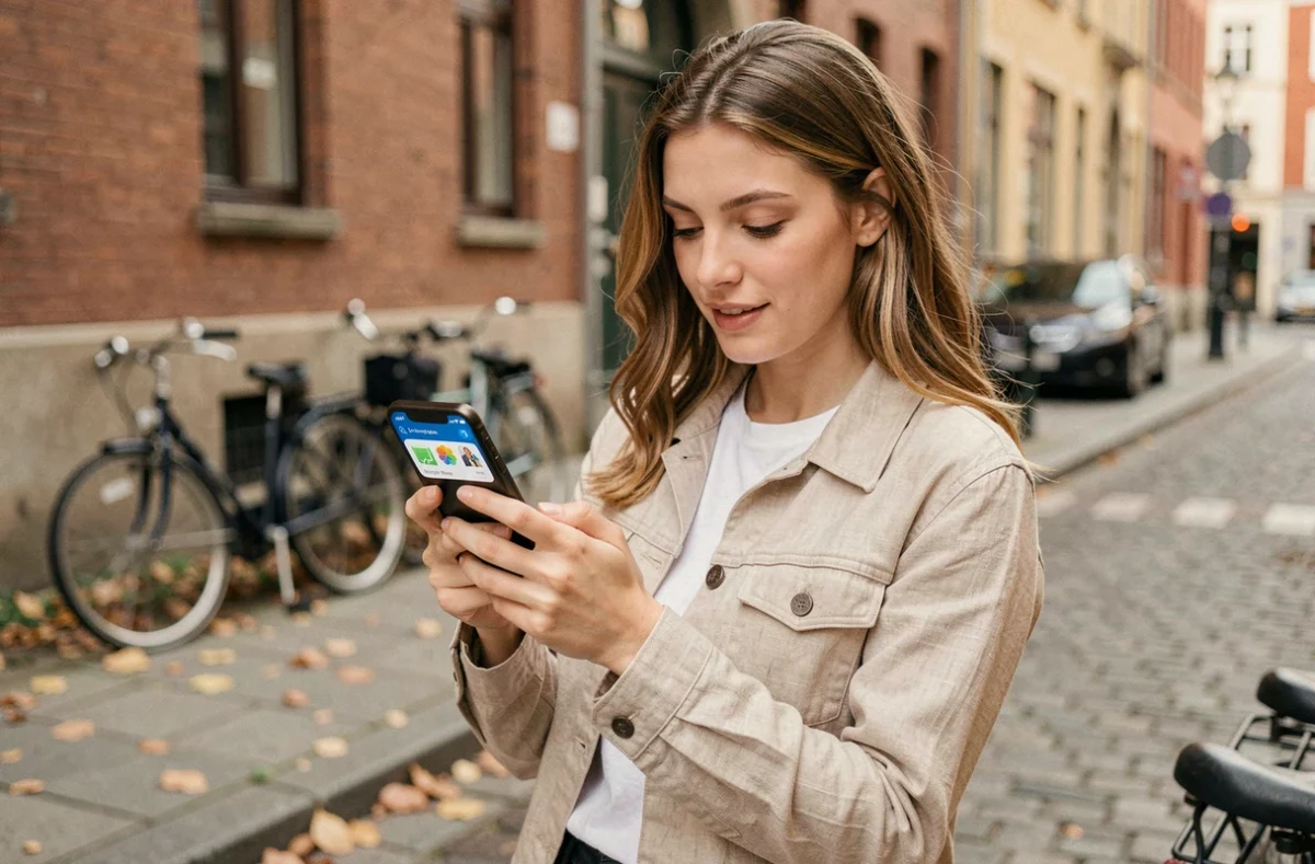 Jeune femme vérifiant une notification de sauvegarde Google Photos sur son smartphone en extérieur