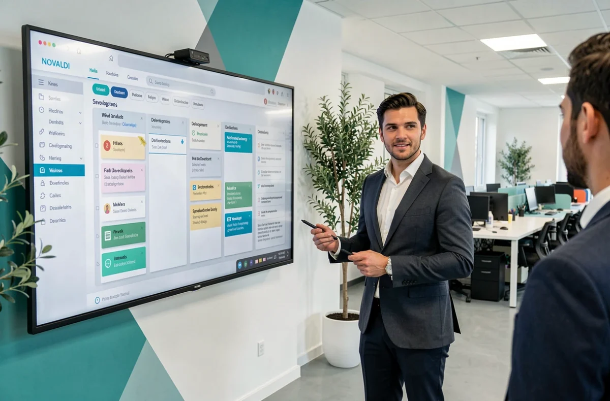 Chef de projet de l'agence Novaldi présentant un tableau Kanban de développement web dans un bureau épuré et moderne