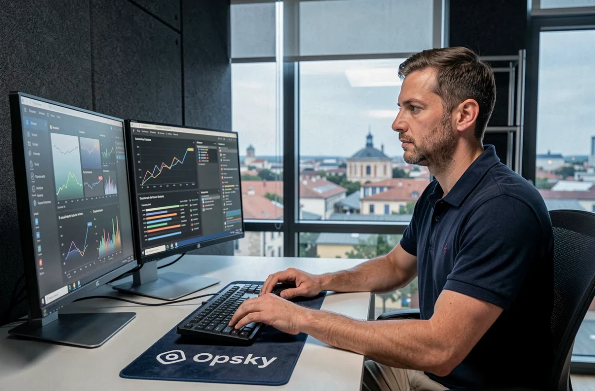 Analyste cybersécurité Opsky travaillant sur des tableaux de bord de surveillance des menaces dans un bureau moderne de Toulouse