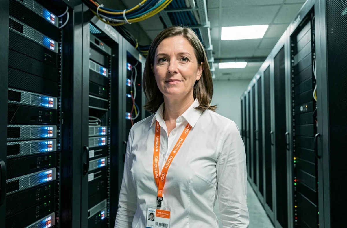 Ingénieure en cybersécurité d'Orange Cyberdefense debout devant des baies de serveurs dans un datacenter professionnel