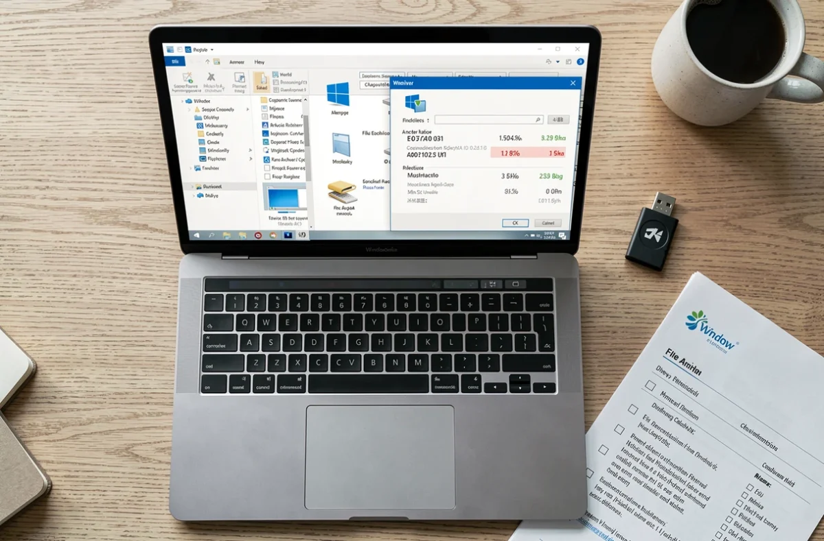 Vue en plongée d'un ordinateur portable affichant les statistiques de compression de fichiers avec Win RAR 64 bits sous Windows