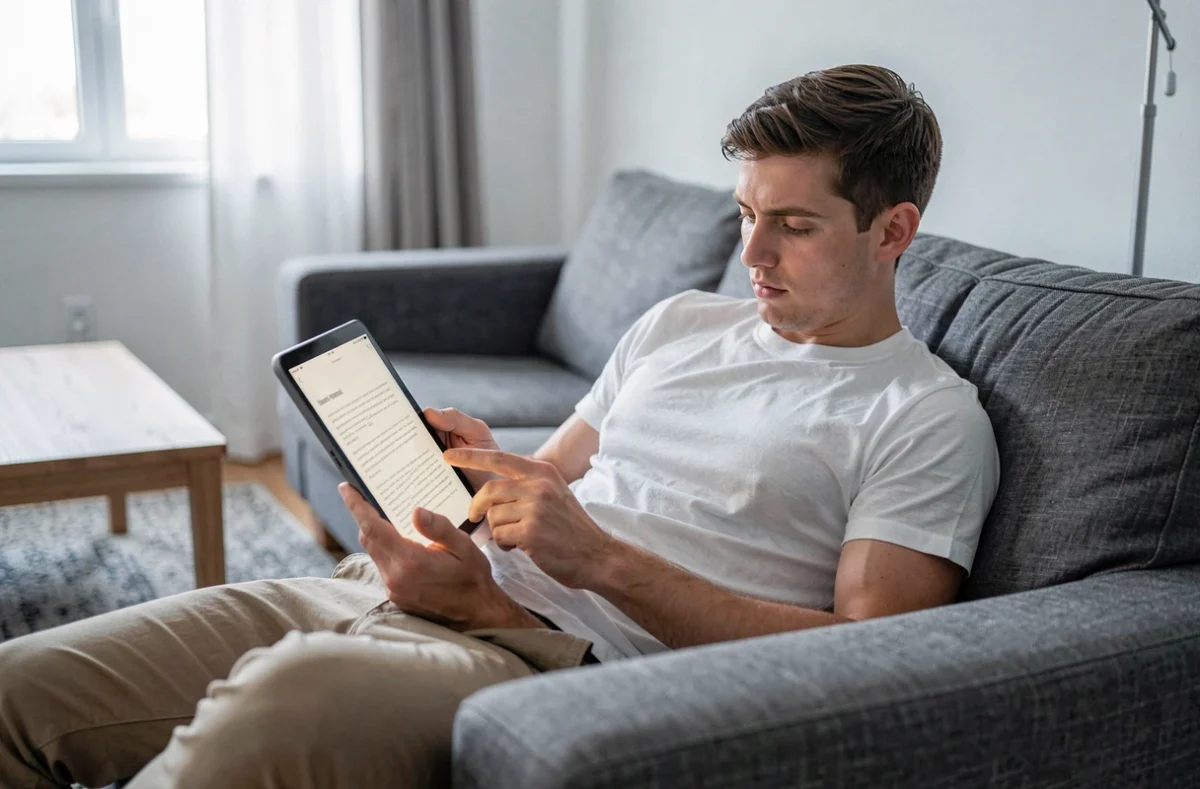 Jeune homme évaluant un outil de reformulation de texte sur une tablette dans un salon