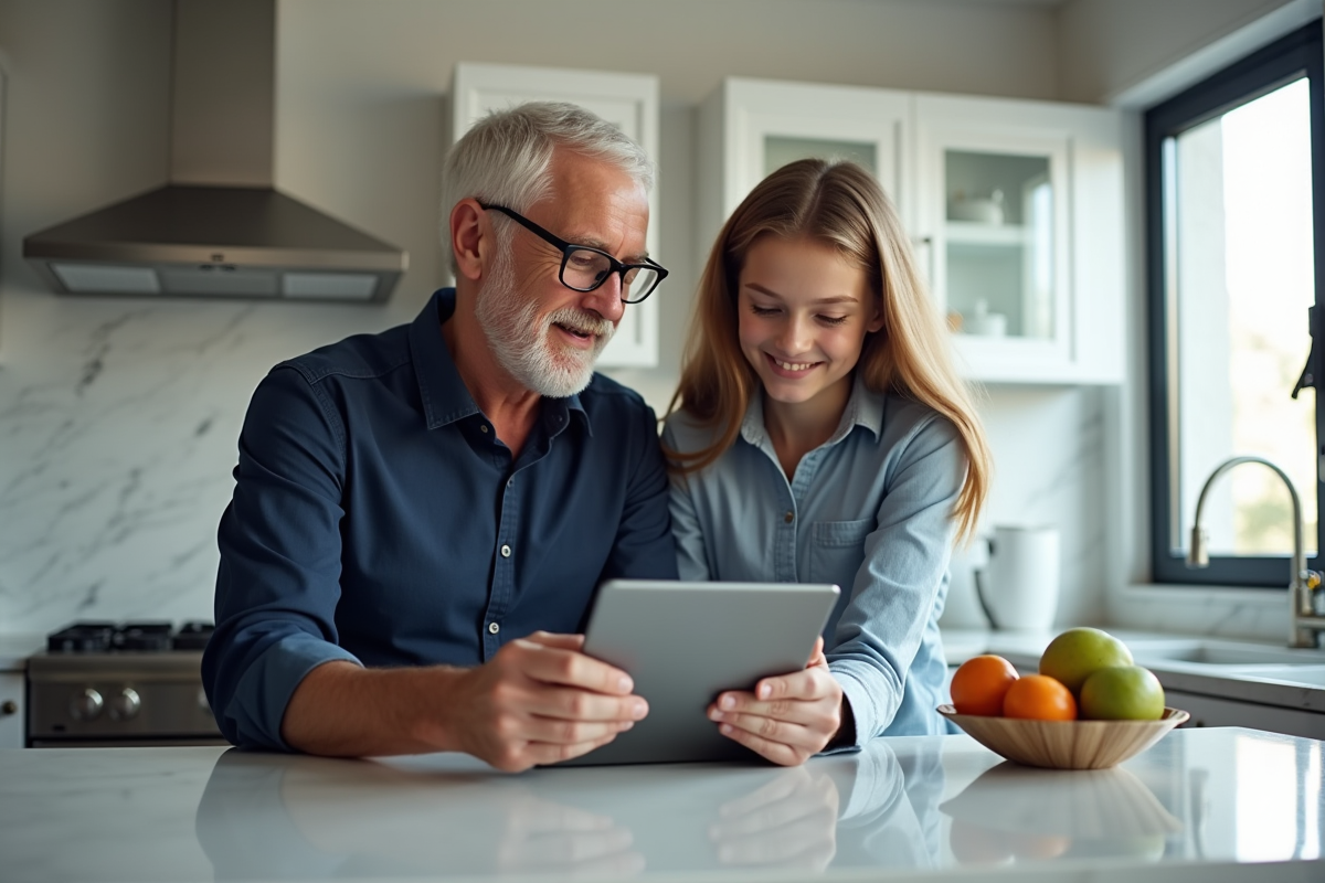 Père et fille collaborant dans une cuisine lumineuse