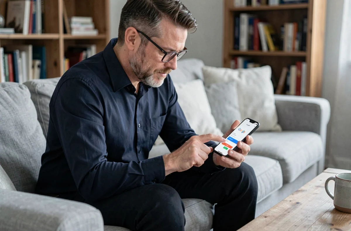 Homme avec lunettes configurant son Google Pixel 6 dans un salon moderne et confortable