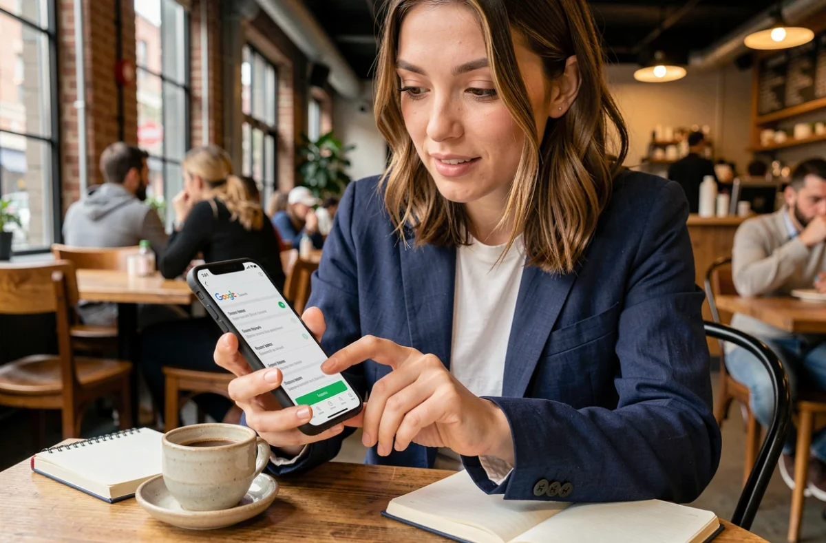 Femme consultant les paramètres régionaux de son compte Google américain sur smartphone dans un café urbain