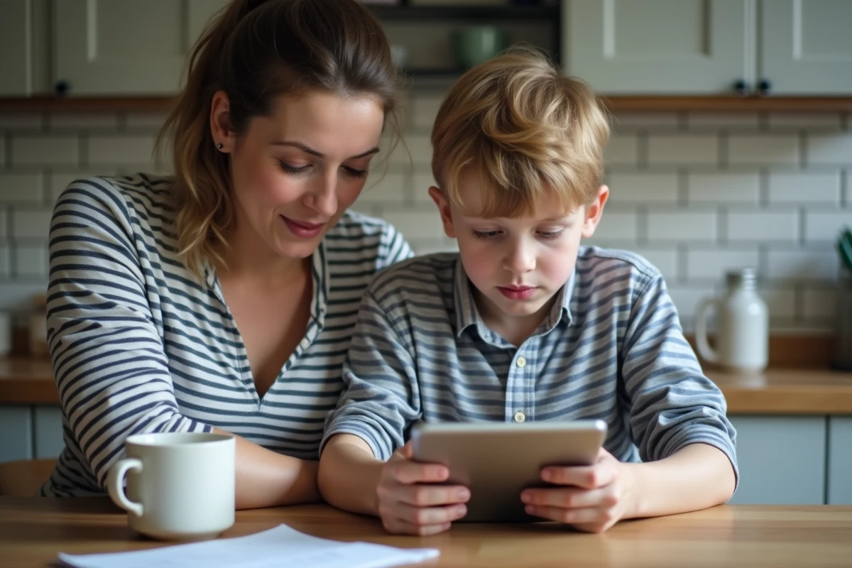 Mère aidant son fils à récupérer l'accès à son compte ENT scolaire sur une tablette depuis la maison