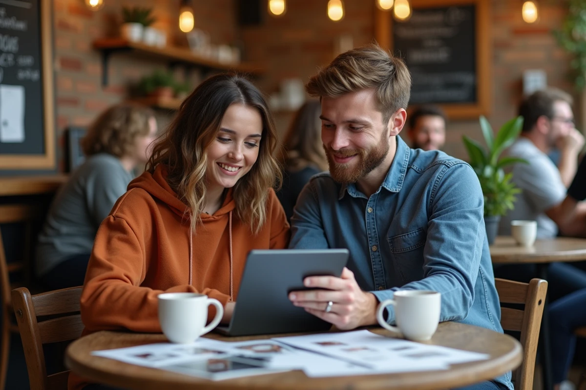Deux photographes collaborant sur la gestion et la conversion de fichiers .jfif autour d'un ordinateur portable dans un café indépendant
