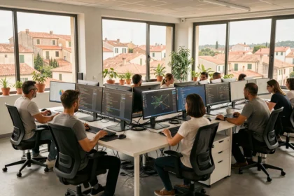 Bureau technologique moderne en Occitanie avec des professionnels de l'informatique collaborant autour d'écrans, vue sur une ville méditerranéenne en arrière-plan
