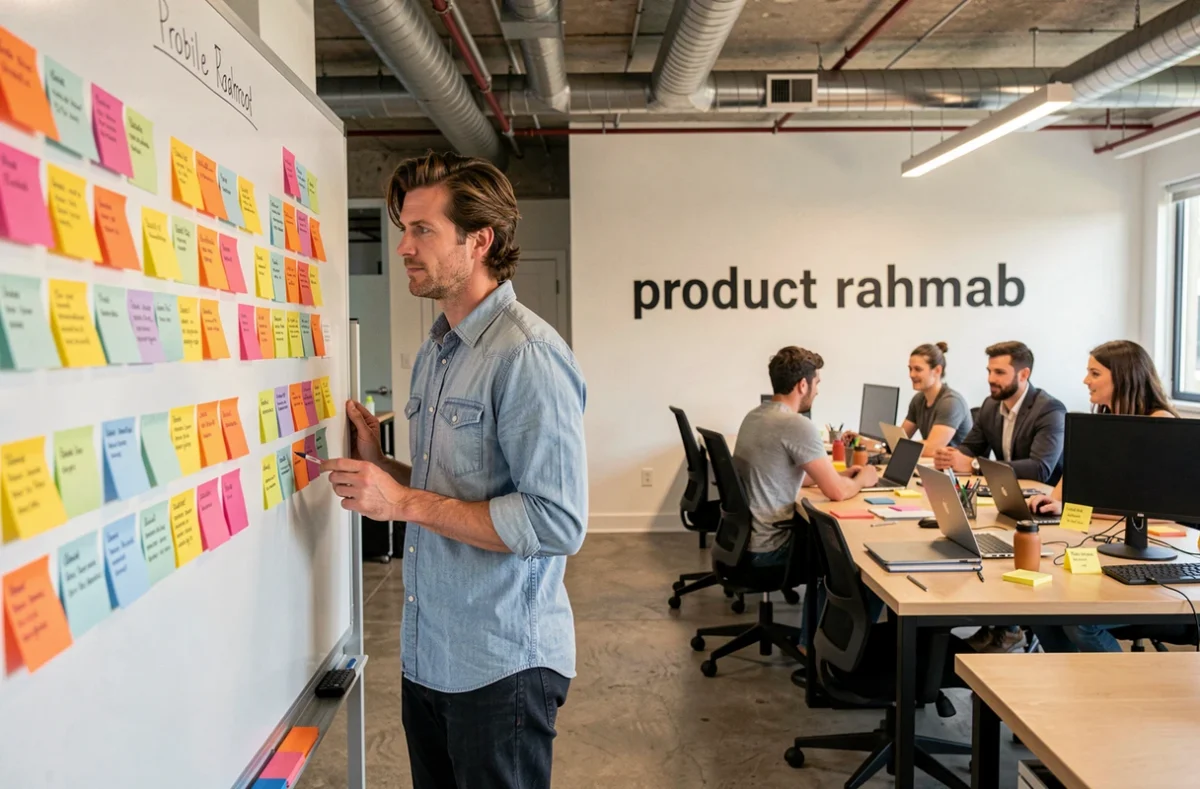Chef de produit de Product Tech First devant un tableau Kanban de sprint mobile dans un studio tech agile parisien