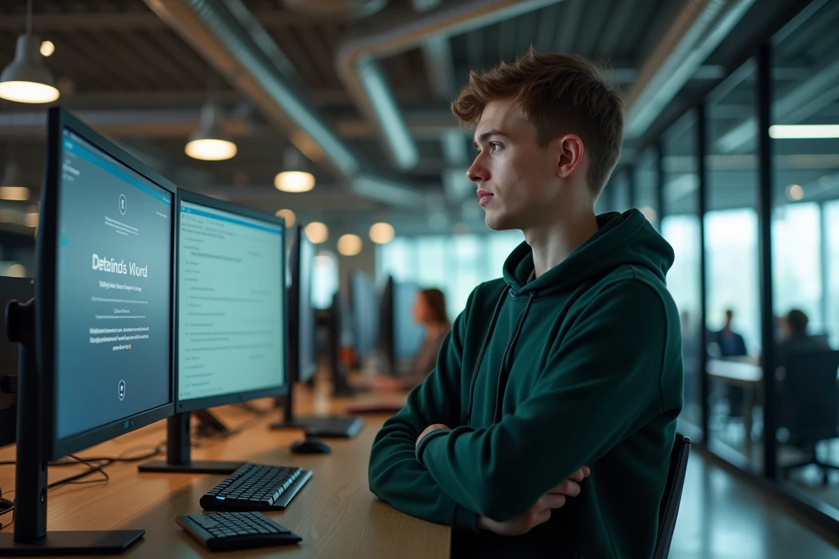 Professionnel examinant un avertissement de sécurité sur URL masquée sur des écrans dans un bureau moderne
