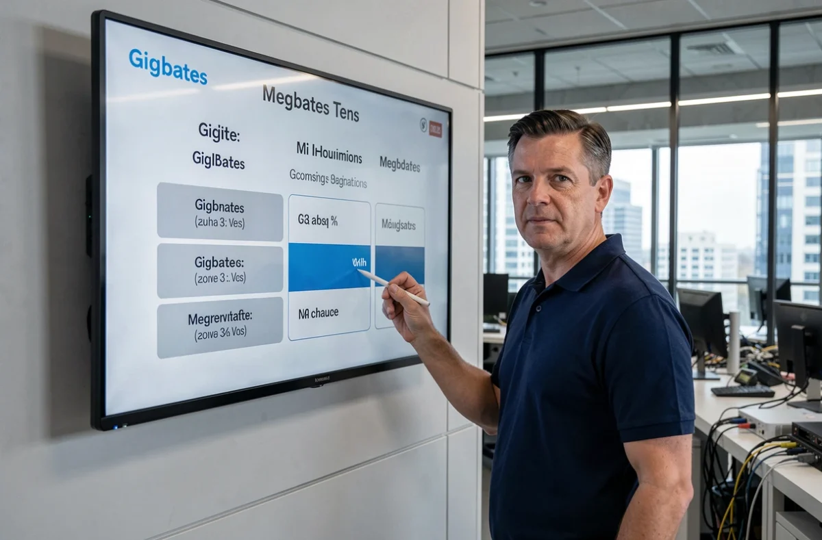 Professionnel expliquant la conversion gigaoctets et mégaoctets devant un écran d'infographie dans un bureau moderne