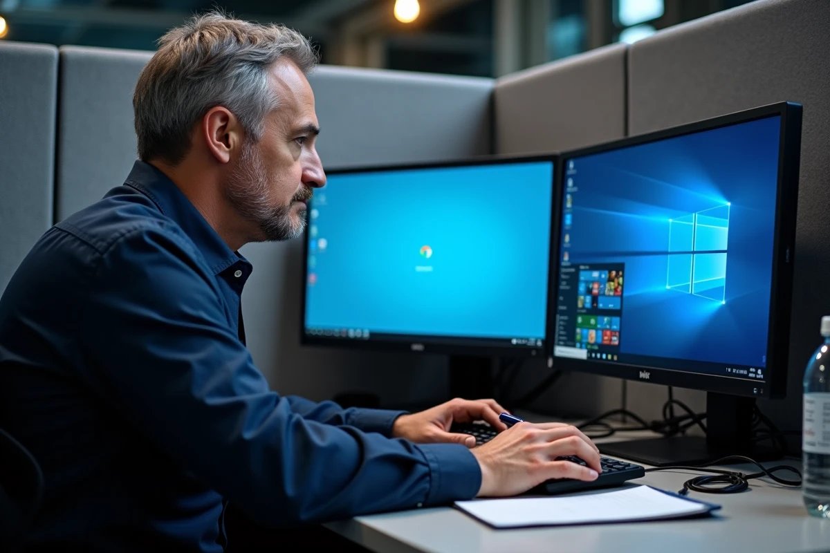 Professionnel IT analysant les options expérimentales de Chrome sur deux écrans pour résoudre des problèmes de lenteur